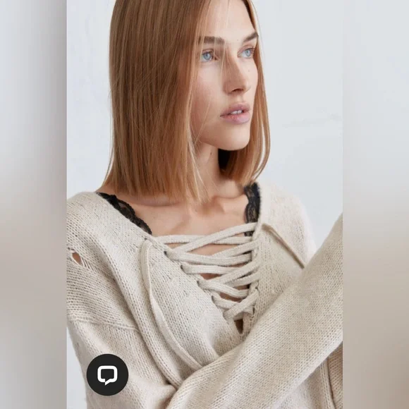 78$ NWT OAK+FORT Lace-Up Distressed Sweater | Relaxed Fit | NWT | Size S-M - Picture 7 of 15